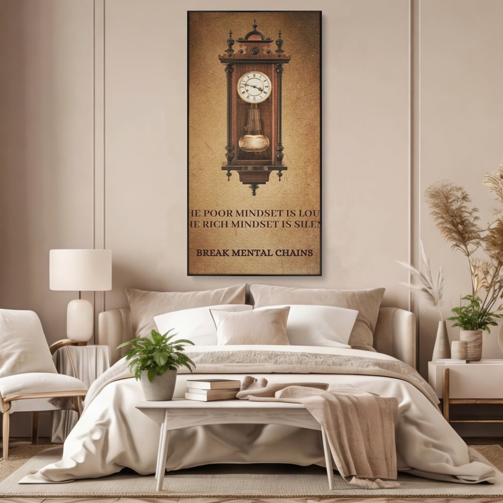 Tablou canvas cu tablou vertical cu ceas pendul vintage si mesaj motivational, in rama de aluminiu negru, pe perete intr-un dormitor